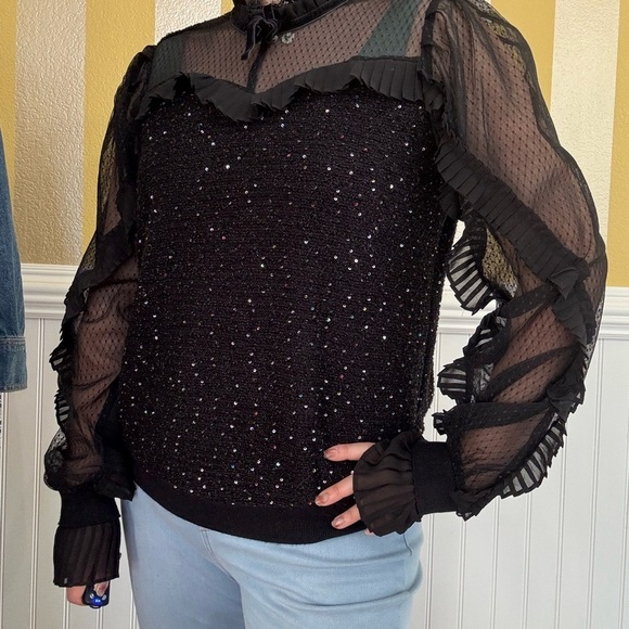 None Tops - Elegant Black Sheer Ruffle Top